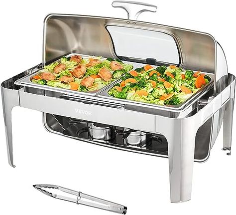 Warm and Fresh: VEVOR's roll top chafing dish buffet set allow you to maintain the food’s temperature. Supported by fuel holders, our dish can heat food. Besides, you can also add enough ice to the water tray for cooling the food. Ample 9 Qt Capacity: You will have more than enough space to serve all your delicious meals! This chafing dish presents you with two half-size food pans, which easily accommodates up to 9 Qt of piping hot appetizers, entrées, or side dishes, serving at least 9 people. The Party, Hot Appetizers, Water Tray, Chafing Dish, Buffet Set, Keep Food Warm, Food Warmer, Chafing Dishes, Catering Food