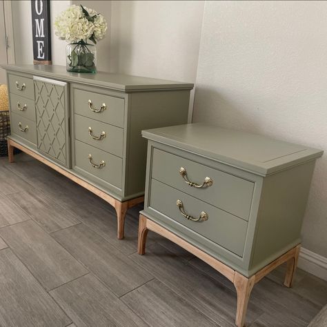 Sage Nightstand Bedroom, Credenza Bedroom, Boho Furniture Makeover, Green Tv Stand, Repainted Dresser, Entryway Dresser, Credenza Tv, Dresser Tv, Furniture Makeover Inspiration