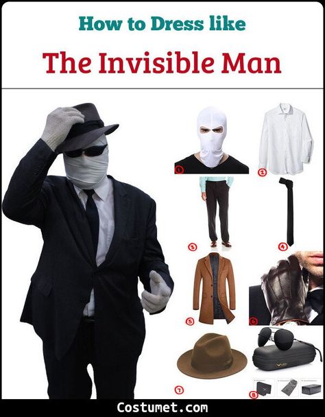 The Invisible Man Costume, Invisible Man Costume, Brown Leather Trench Coat, Trench Coat Brown, Black Necktie, The Invisible Man, Brown Leather Gloves, Halloween Express, Brown Hat