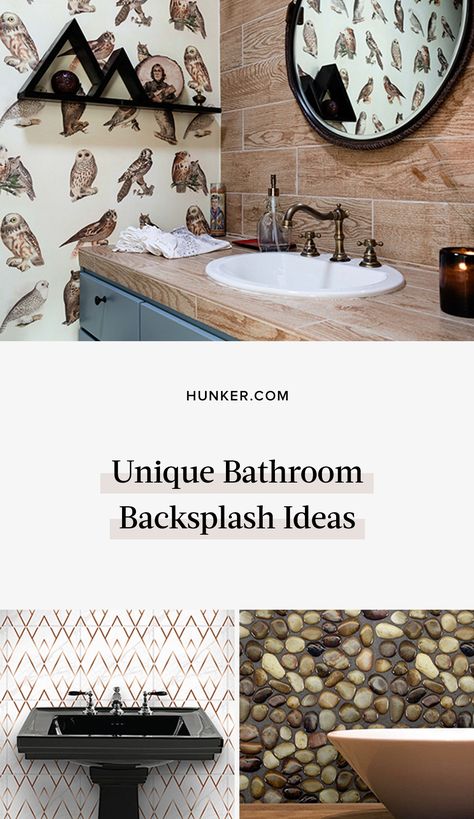 These unique bathroom backsplash ideas will make every trip to your washroom an indulgence in creative living. #hunkerhome #uniquebathroom #bathroombacksplash #backsplashideas #bathroom Grey Hexagon Backsplash, Bathroom Backsplash Ideas, Faux Wood Tiles, Creative Backsplash, Art Deco Homes, Hexagon Backsplash, Mercury Mosaics, Subway Style, Copper Bathroom