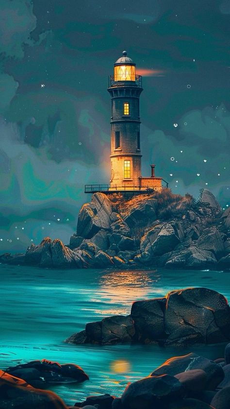 Lighthouse Background, Classic Anime Style, Dreamy Night Sky, Lighthouse At Night, Lighthouse Island, Ocean Lighthouse, Sea Scenery, Lighthouse Design, Dreamy Night