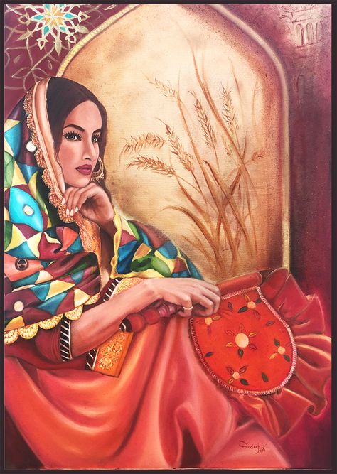 Copyrights reserved. Punjabi Girl with Phulkaari, Pakhi and Red suit waiting for her husband. Folk Poster, Punjabi Girl, Aesthetics Art, Dress Painting, Pictures For Living Room, Red Suit, Room Bedroom Decor, Waiting For Her, Traditional Dress