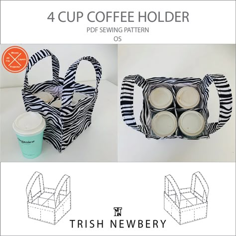 "The eco-friendly way to drink your morning brew. A reusable, washable coffee cup tote bag. This pattern is for a woven fabric 4 cup tote bag for your takeaway coffee - whether you drink, Expresso, Cappuchino, Latte, Frappuchino or Americano, big or small - or in sizes short tall, grande, or venti, this coffee holder will help to take it away in style, and be easy on the environment. Details: - French seams for added reinforcement  - 4 large cup size - Handles - Fast sewing project Construction: Bag Insert Sewing Pattern, Sew Cup Holder, Cup Holder Sewing Pattern, Coffee Cup Carrier Pattern, Fabric Cup Holder, Coffee Cup Carrier, Diy Coffee Sleeve, Fat Quarter Sewing Projects, Carrier Pattern