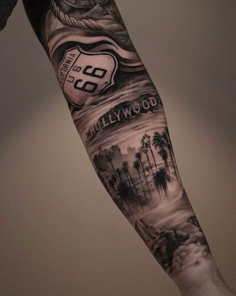 305 Tattoo, City Tattoo Ideas, Hollywood Tattoo, Tattoo On Back, Chicano Tattoos, Forarm Tattoos, City Tattoo, Forearm Sleeve Tattoos, Full Sleeve Tattoos