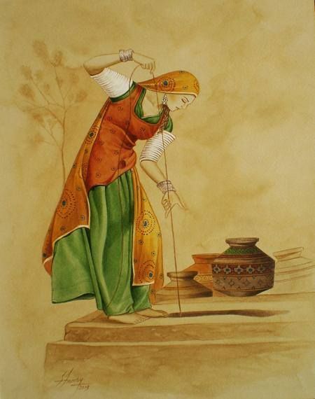 Panihari Drawing, Panihari Painting, Exam Painting, Rajasthani Miniature Paintings, Negative Space Art, Rajasthani Painting, Folklore Art, Persian Art Painting, Indian Art Gallery