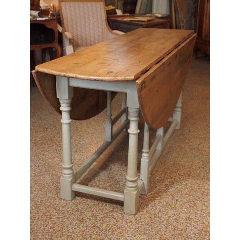 19th Century Swedish  pine wood  table with drop leaf on each side. Table is 17" deep when closed. Each drop leaf is 17" deep. The trestle legs are painted in a pale gray and support the drop leaves. This table is very sturdy and can accommodate six people. It would also work great as a breakfast table. Drop Leaf Table Makeover, Pine Wood Dining Table, Vintage Drop Leaf Table, Pine Wood Table, Dining Table Small Space, Furniture Remake, Table Redo, Trestle Legs, Pine Dining Table