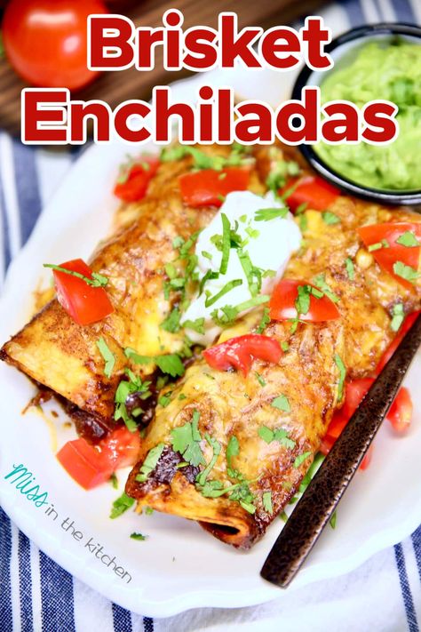 Brisket Enchiladas are a great Tex Mex dinner that is simple to make and delicious enough to serve for company or special occasions. Smoked brisket with loads of cheese and homemade enchilada sauce is sure to be a favorite. Brisket Enchiladas Recipe, Tex Mex Dinner, Brisket Enchiladas, Outdoor Cooking Recipes, Creamy Chicken Enchiladas, Homemade Enchilada Sauce, Homemade Enchiladas, Enchiladas Recipe, Ground Beef Tacos