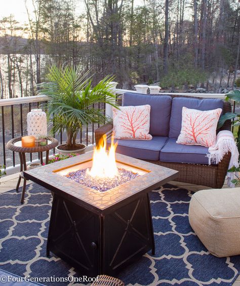 Small Porch Decorating Ideas, Lakeside Deck, Small Porch Decorating, Summer Porch Decor, Fire Pit Furniture, Small Deck Decorating Ideas, Summer Porch, Small Deck, Summer Living