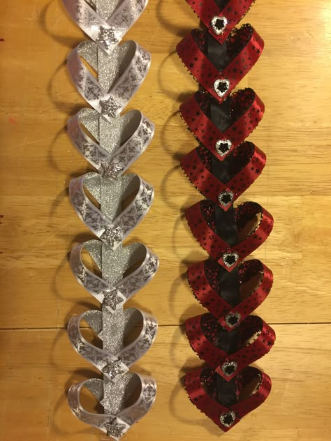 Senior Sweethearts braids Red Black And White Mum Ideas, Homecoming Mum Tops, Mum Heart Chain, Red And Blue Mums Homecoming, Homecoming Mum Neck Strap, Hoco Mum Braids, How To Make A Mum, Mum Ribbon Ideas, Homecoming Braids For Mums