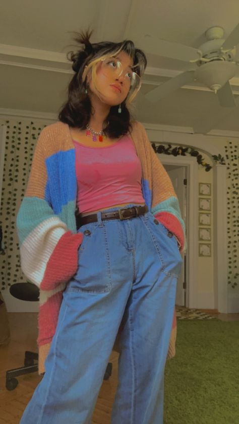 Vibrant Clothes Aesthetic, Retro Funky Aesthetic Outfit, Color Core Outfits, Bright Colored Outfits Aesthetic, Indie Kidcore Aesthetic Outfits, Indie Outfits Colorful, Bright Colors Aesthetic Outfit, Cluttercore Fashion, Colorful Eclectic Outfit