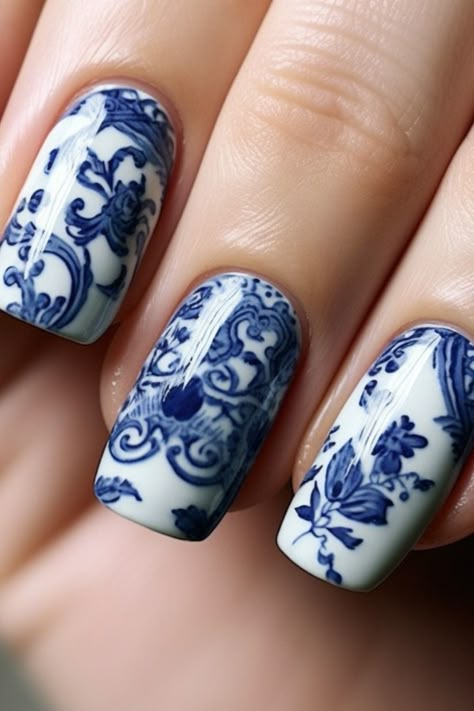 Tranquil Waters: Experience Blue and White Nails That Calm Blue And White China Pattern Nails, Blue And White Manicure, Classe Azul Nails, China Blue Nails, Nail Stamp Designs Ideas, Blue Willow Nails, Nail Art Blue And White, Blue And White Porcelain Nails, Blue Porcelain Nails