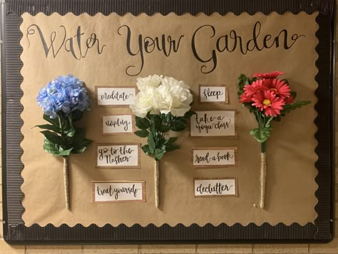 super simple spring RA bulletin board with flowers and tips for self-care Dorm Bulletin Boards, Flower Bulletin Boards, Res Life Bulletin Boards, Ra Bulletin Board Ideas, Resident Assistant Bulletin Boards, December Bulletin Boards, February Bulletin Boards, Health Bulletin Boards, October Bulletin Boards