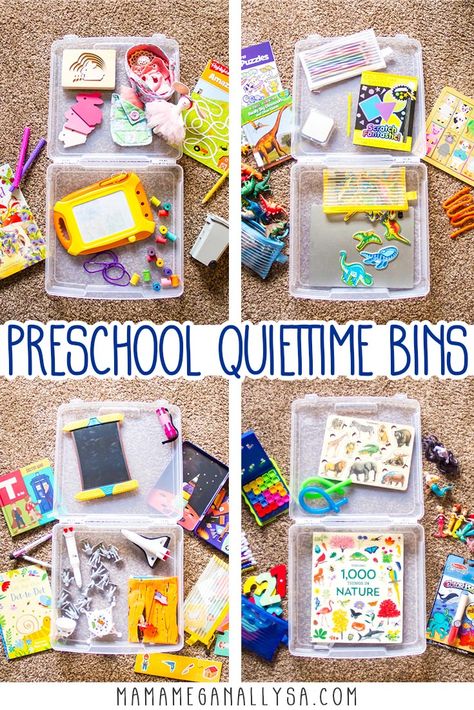 Quiet Time Bins for Preschoolers to Save Your Sanity Quiet Time Bins, Quiet Time Boxes, Toy Rotation, Toddler Busy Bags, Scrapbook Box, Quiet Toys, Quiet Time Activities, Independent Play, Busy Boxes