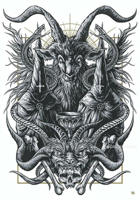 Satanic Tattoo Design, Satanic Tattoo, Satanic Tattoos, Black Line Tattoo, Skull Art Tattoo, Black Art Tattoo, Occult Tattoo, Throat Tattoo, Evil Tattoos