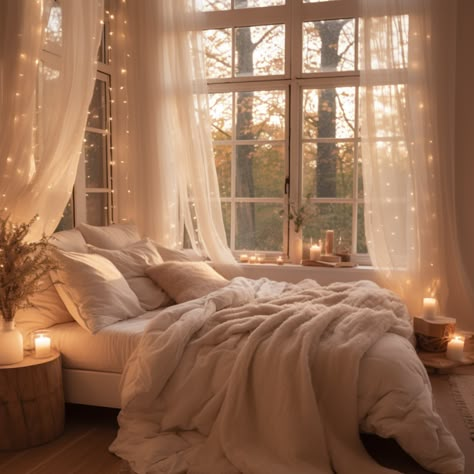 Cozy Soft Aesthetic, Cozy Colourful Bedroom, Autumn Themed Bedroom, Athstetic Bedrooms, Big Cozy Bedroom, Cute Fall Bedroom, Honey Bedroom, Dreamy Bedrooms Aesthetic, Amara Aesthetic