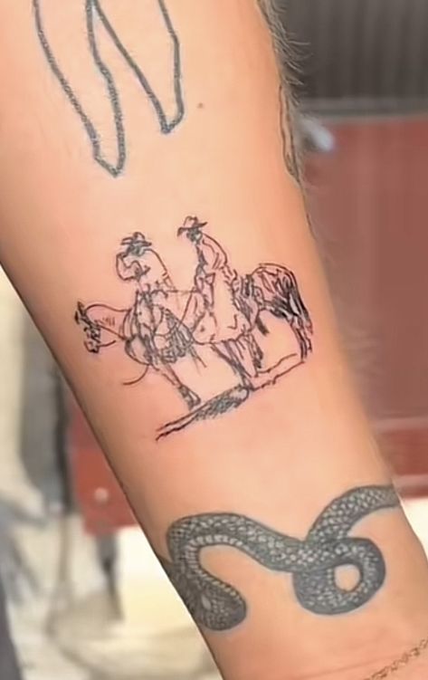 Desert Cowboy Tattoo, Mexican Western Tattoo, Dainty Cowboy Tattoo, Queer Cowboy Tattoo, Cowboy Matching Tattoos, Western Tattoos Sleeve, Bucking Horse Tattoo, Cowboy Tattoo Ideas, Road Runner Tattoo