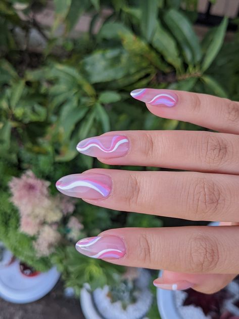 Pink Purple Swirl Nails, Pink White And Purple Nails, Purple Pink Almond Nails, Purple Pink And White Nails, Festival Nails Almond Shape, Pink And Purple Nails Almond, Almond Nails Swirls, Festival Nails Almond, Pink Festival Nails