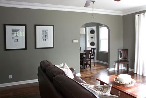 Family Room color Benjamin Moore Antique Pewter.  from numberedstreetdesigns.blogspot Benjamin Moore Antique Pewter, Antique Pewter Benjamin Moore, Pewter Benjamin Moore, Family Room Colors, Room Color, Up House, Family Room Design, Room Remodeling, Antique Pewter