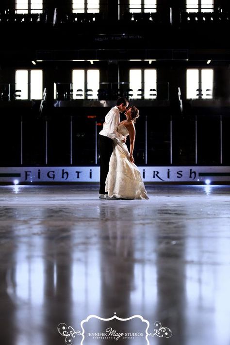 Wedding photos - the bride is a life-long skater; they met at Notre Dame/St. Mary's - Photo by http://www.jmstudios.com/ Hockey Wedding Photos, St Maries Idaho, Notre Dame Wedding, Holland Michigan Engagement Photos, Bride Coming Down Stairs, Hockey Wedding, St Joseph Michigan, Ice Photo, Saint Mary’s College Notre Dame