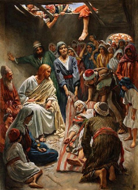 Jesus Heals A Paralytic Who Was Let Down From The Roof Jesus Our Savior, Miracles Of Jesus, Religious Pictures, Bible Images, Bible Illustrations, Jesus Heals, Bible Pictures, Christian Pictures, Jesus Painting