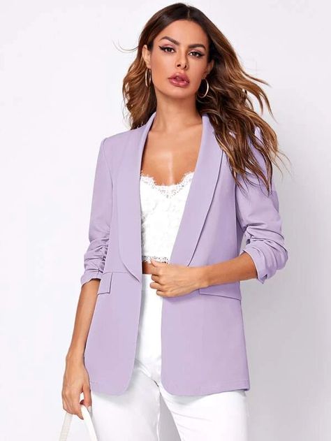 Purple Blazer, Elegant Blazers, Open Front Blazer, Gathered Sleeves, Long Blazer, Norma Kamali, Fitted Blazer, Casual Blazer, Cozy Fashion