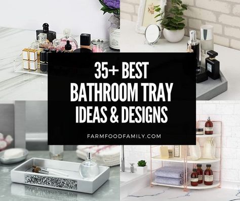 best-bathroom-tray-ideas-designs Bathroom Display Tray, Vanity Tray Ideas Bathroom, Vanity Tray Decor Bathroom, How To Style A Bathroom Tray, Tiered Tray Bathroom Decor, Bathroom Vanity Styling Countertops Tray, Guest Bathroom Tray, Bathroom Tray Styling, Bathroom Vanity Tray Ideas