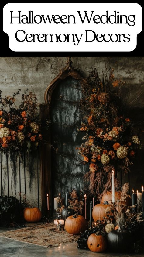 Easy DIY Halloween wedding ceremony setup with spooky décor, including pumpkins, candles, and dark floral arrangements, creating a magical and festive atmosphere. Halloween Wedding Ceremony, Diy Halloween Wedding, Gothic Fall Wedding, Halloween Wedding Reception, Horror Wedding, Wedding Draping, Easy Diy Ideas, Halloween Themed Wedding, Wedding Ceremony Ideas