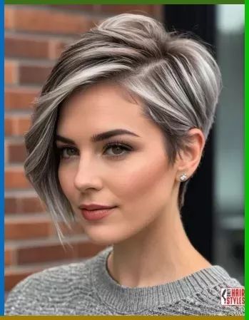 Coloured Grey Hair, Brunette Silver Balayage Ash Blonde, Gray Hair Transition Short Hairstyles, Brown And Silver Hair Short, Balayage Gray Blending, Black Lowlights In Gray Hair, Short Hair With Silver Highlights, Smokey Ash Grey Hair Balayage, Balayage On Greying Hair