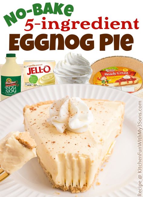 This simple no-bake Eggnog Pie is made with vanilla pudding, eggnog, whipped cream, and nutmeg with a graham cracker crust. #christmas #recipes #dessert Easy Eggnog Pie, Eggnog Pie Recipe No Bake, 5star Recipes, No Bake Eggnog Pie, Eggnog Pie Recipe, Christmas Confections, Eggnog Pie, Eggnog Dessert, Homemade Pie Recipes