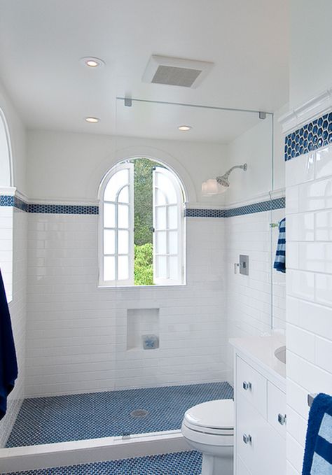 boys bath...high border and bold floor...like the dark blue it will mask boy dirt ;-) Blue Tiled Bathroom, Subway Tile Shower Designs, Penny Tiles Bathroom, Blue White Bathrooms, Dark Blue Bathrooms, Blue And White Tile, Blue Bathrooms Designs, Tiled Bathroom, Blue Bathroom Tile