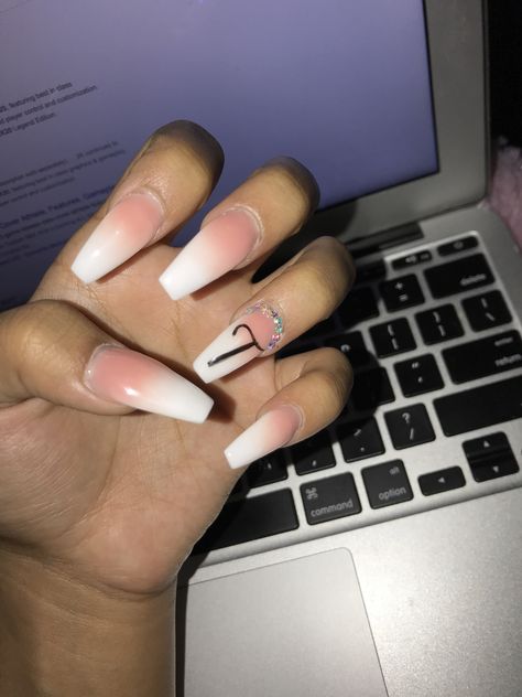 White Nails With Boyfriend Initial, Nails Initials Design, Nails With Boyfriends Initials, Boyfriend Initial Nails, Boyfriend Nails, Wedding Acrylic Nails, Wedding Acrylic, Long Acrylic Nail Designs, White Acrylic Nails