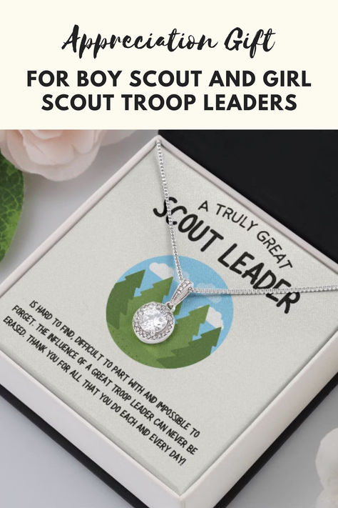 Looking for a special way to show your appreciation for a girl scout or boy scout troop leader? Look no further than this elegant white gold necklace that makes a perfect gift for any scout leader, regardless of their troop type. This lovely necklace and thoughtful message card make a great scout leader thank you gift and will make her think of the special time she had with her troop for years to come. Troop Leader Appreciation Gifts, Girl Scout Leader Appreciation Gifts, Girl Scout Leader Gifts, Leader Gifts, Girl Scout Troop Leader, Troop Leader, Girl Scout Leader, Thank You Presents, Scout Leader