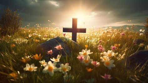 The Cross Is Set Against A Field Of Flowers Background Easter Sunday Pictures, Sunday Background, Sunday Pictures, Wedding Icon, A Field Of Flowers, Summer Banner, Flowers Background, Psd Background, Fire Flower