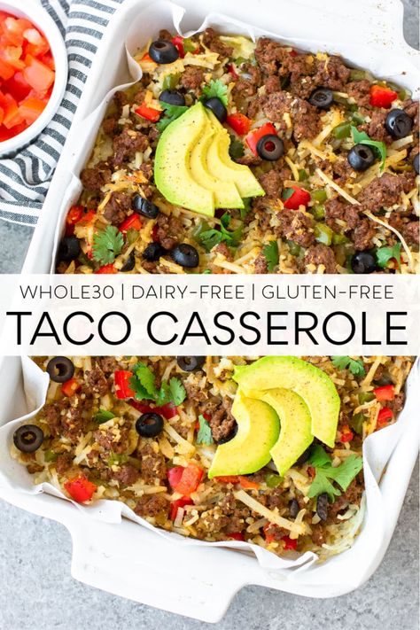 This spicy taco casserole recipe is easy and delicious! This meal is paleo friendly and Whole30 compliant. It's the perfect make ahead meal that the whole family will love! #paleorecipes #whole30recipes #tacocasserole #whole30 #paleo One Pan Whole 30 Meals, Whole 30 Casserole Recipes, Paleo Casserole, Paleo Tacos, Gluten Free Tacos, Whole 30 Meal Plan, Whole30 Dinners, Whole 30 Diet, Paleo Food