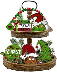 Christmas Tray Decor, Monster Christmas, Christmas Tiered Tray Decor, Table Decor Christmas, Grinch Christmas Party, Beads Garland, Stink Stank Stunk, Tray Decor Christmas, Christmas Tiered Tray