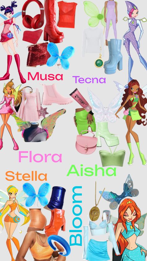 #winxclub #bloom #stella #aisha #tecna #florawinx #musa #fyp #halloween #costume #fairycore #cosplay Winx Cosplay, Bloom Stella, Girl Group Halloween Costumes, Fairy Halloween Costumes, Hallowen Ideas, Pretty Halloween Costumes, Holloween Costume, Bloom Winx Club, Halloween Party Outfits