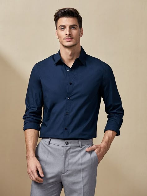 SHEIN Men Solid Single Breasted Placket Curved Hem Shirt | SHEIN USA