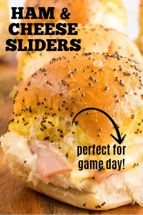 Ham and Cheese Sliders are the perfect appetizer for football parties, potlucks, New Year's Eve, or any other reason to get together and celebrate! #hamandcheesesliders #hamcheesesliders #appetizerrecipes #footballrecipes #sandwiches #sliders #amandascookin Recipes For Football Games, New Year's Eve Food, Appetizers Football, Ham And Swiss Sliders, Ham Cheese Sliders, Ham Sliders, Club Sandwiches, Turkey Sliders, Ham And Cheese Sliders