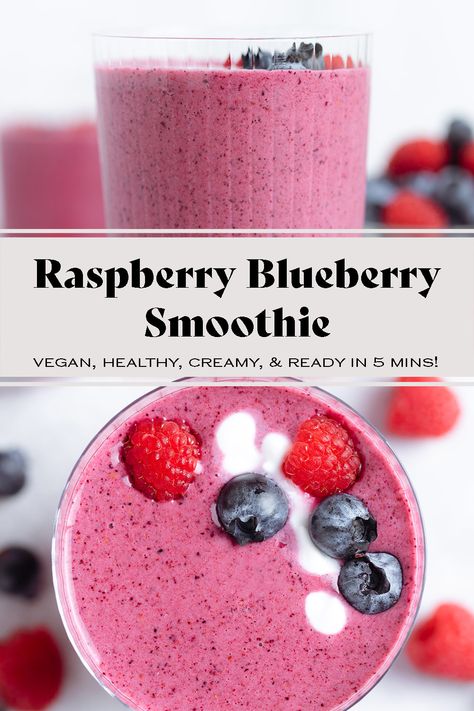 This Raspberry Blueberry Smoothie is the perfect afternoon snack, post-workout drink, or a great breakfast for busy mornings. Just add some protein powder and healthy fats! The berries give the smoothie its vibrant color and frozen banana and yogurt make it extra creamy! Ready to eat in 5 minutes. Frozen Banana Recipes, Frozen Fruit Drinks, Coconut Cream Recipes, Fresh Juice Recipes, Greens Powder, Healthy Afternoon Snacks, Mixed Berry Smoothie, Healthy Eating Snacks, Blueberry Smoothie