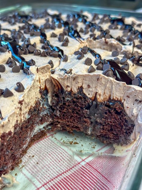 Close up of a chocolate poke cake with sweetened condensed milk and hot fudge topping with pieces cut out of the pan revealing the cake and frosting in the glass baking dish. Poke Cakes Condensed Milk, Fudge Topping, Hot Fudge Topping, Sweetened Condensed Milk Recipes, Condensed Milk Cake, Cake Portions, Poke Cake Recipe, Chocolate Poke Cake, Cake Calories