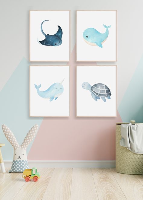 Bathroom For Kids, Whale Bathroom, Pastel Ocean, Animal Bathroom, Under The Sea Nursery, Ocean Prints, Sea Nursery, Art Playroom, Kids Playroom Decor