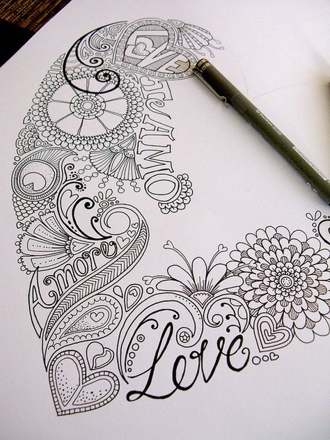 #papercraft #valentines #zentangle.  Progress | Hello Angel Creative via Flickr Pencil Drawing Images, Arte Doodle, Drawing Hair, The Word Love, Doodle Art Journals, Tangle Doodle, Tangle Art, Hur Man Målar, Word Love