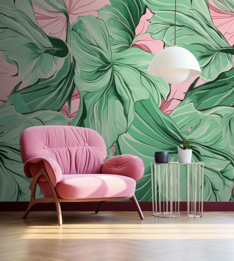 Green And Pink Office, Green Wallpaper Ideas, Pink Feature Wall, Conference Decor, Living Room Office Combo, Casa Miami, Jungle Room Decor, Lady Lounge, Pink And Green Wallpaper