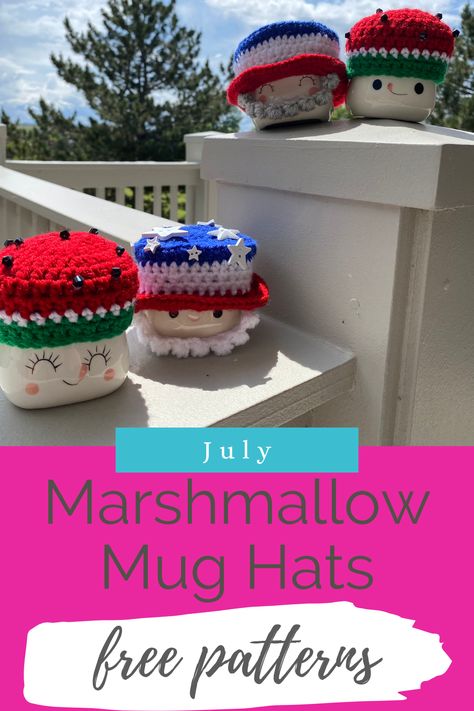 Get ready to elevate your July decor with these beginner-friendly, free marshmallow mug hat patterns! Featuring TWO adorable crochet designs and an easy-to-follow video tutorial, you'll be creating your own festive little mug toppers in no time. Free Crochet Patterns For Marshmallow Mug Hats, Marshmallow Cup Hats, Crochet Marshmallow Mug Hat Pattern Free, Marshmallow Mug Hat Pattern Free, Marshmallow Mug Hats, Dollar Tree Patriotic Decor, Half Double Crochet Decrease, Crochet Topper, Chicken Hats