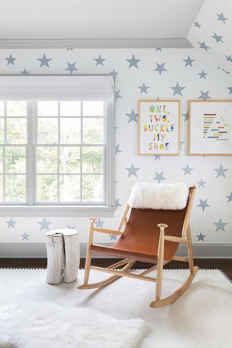 Leather Nursery, Wallpaper Boys Room, Neutral Nursery Design, Chango & Co, Wallpaper Boys, Cheap Bedroom Decor, Blue And White Wallpaper, Tile Remodel, Rocking Chair Nursery