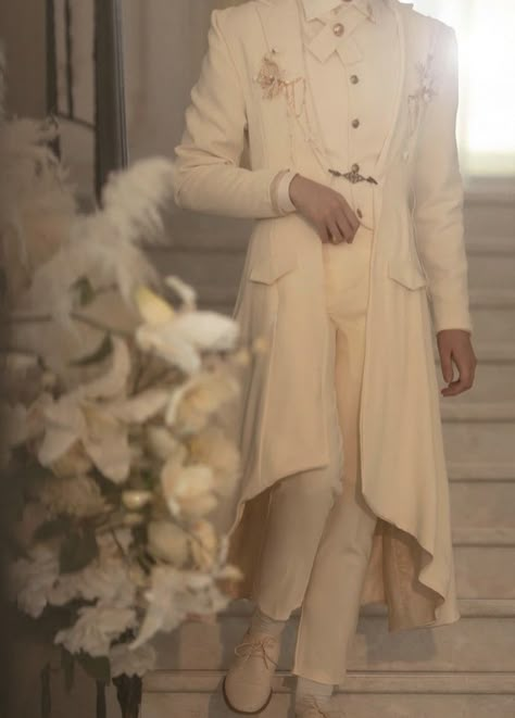 Royalty Men Outfits, White Royal Outfit Male, Mens Fantasy Ball Outfit, White Fantasy Outfit Male, Royal Attire Men, Rabiya Basri, White Suit Male, Royalty Outfits Men, Fancy Male Outfits