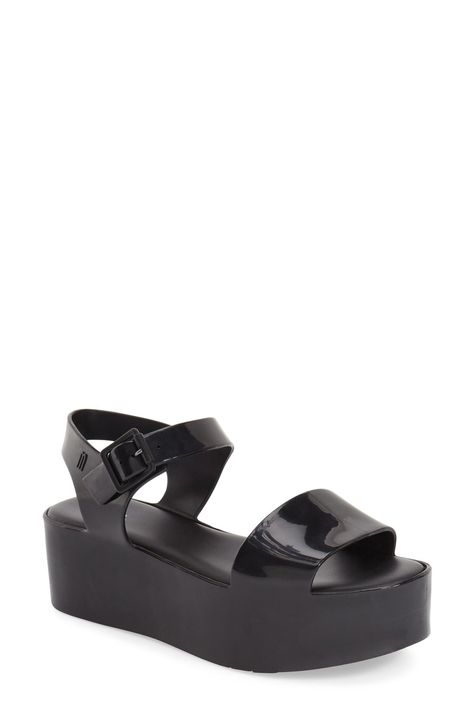 Melissa 'Mar' Platform Sandal (Women) available at #Nordstrom Black Flatform Sandals, Melissa Sandals, Black Strappy Shoes, Shiny Shoes, Strappy Platform Sandals, Black Platform Shoes, Black Platform Sandals, Strappy Shoes, Black Strappy Sandals