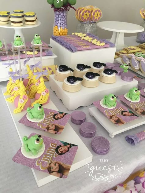 Rapunzel / Tangled Birthday Party Ideas | Photo 26 of 27 | Catch My Party Tangled Sweet 16 Party Ideas, Rapunzel Desserts, Tangled Dessert Table, Rapunzel Themed Birthday Party Food, Repunzle Theme Birthday Party, Tangled Themed Snacks, Rupunzle Birthday Party Ideas, Tangled Desserts, Tangled Themed Treats