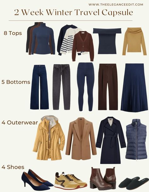 2 Week Winter Travel Capsule Wardrobe Winter Travel Capsule Wardrobe, Paris Travel Wardrobe, Capsule Wardrobe Formula, Winter Capsule Wardrobe Travel, Europe Winter Outfits, Winter Travel Wardrobe, Japanese Winter Fashion, Winter Travel Packing, Winter Vacation Outfits