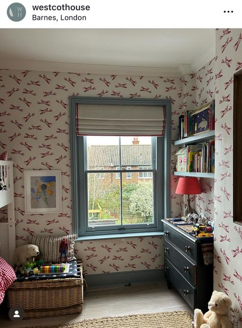 British Nursery Theme, Kids Red Bedroom, Victorian Terrace Nursery, 1930's Nursery, English Cottage Kids Bedroom, Boys Bedroom Wallpaper, Shared Kids Room, Kids Rooms Inspo, Kids Deco